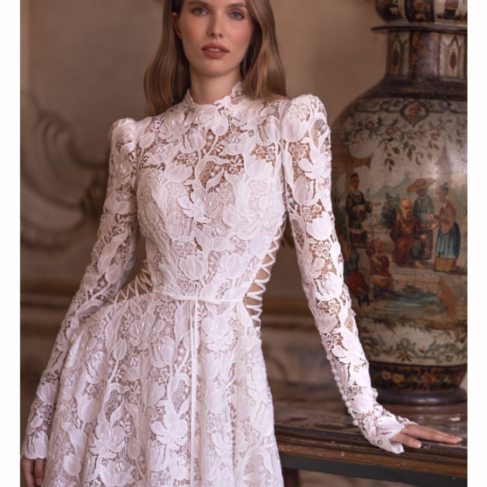 YEDINA studios long sleeve vintage style lace corset wedding dress stunning! S - Picture 7 of 17